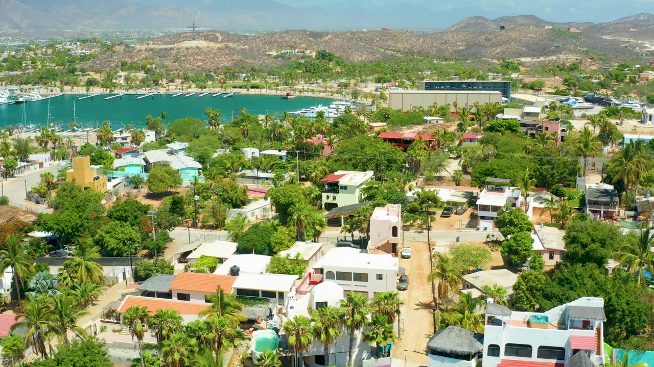 Aerial town view with homes, palms, harbor, boats, and arid hills.