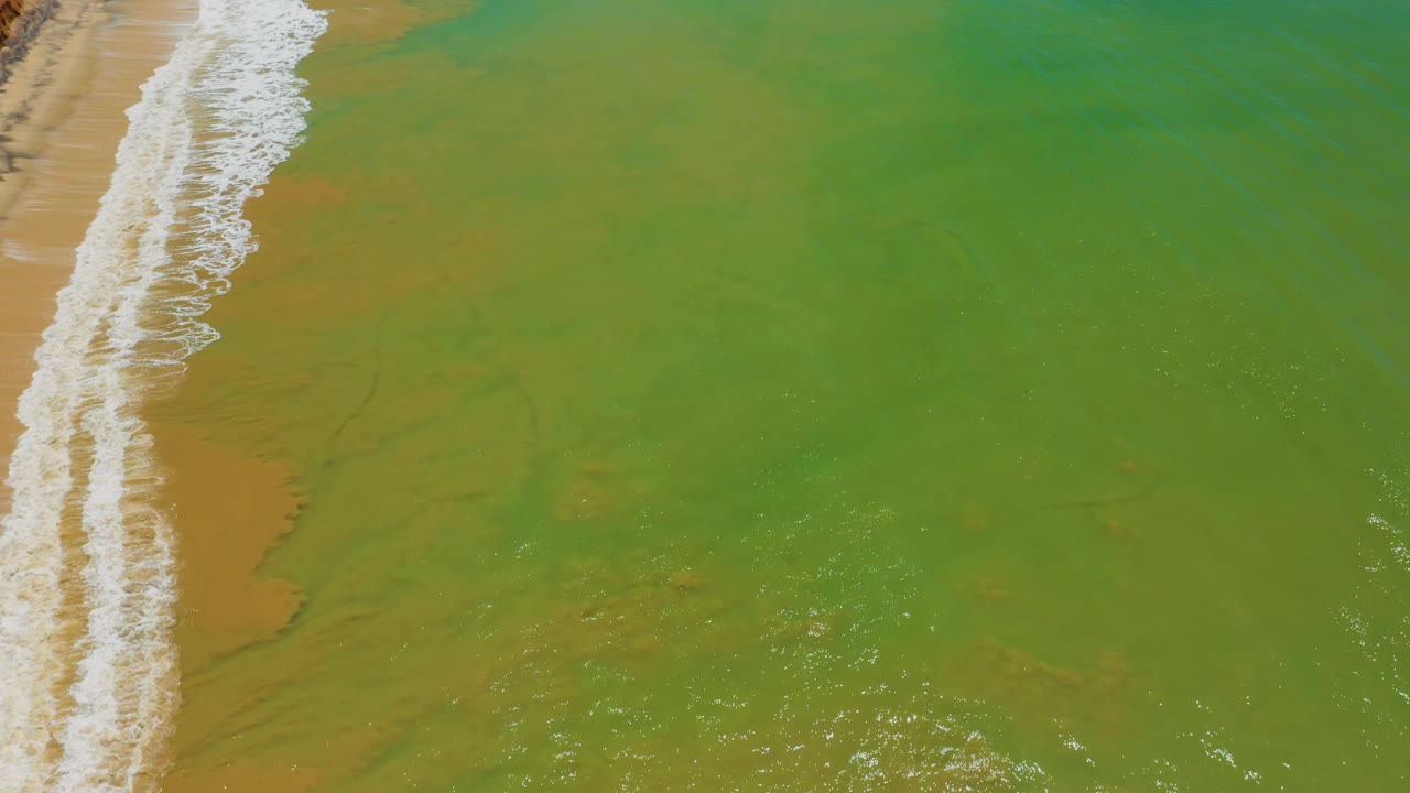 Overhead San Jose Del Cabo view shows the foam line shifting slightly along the left side with mottled green water and tan-brown shallows extending across the frame, with no visible people.