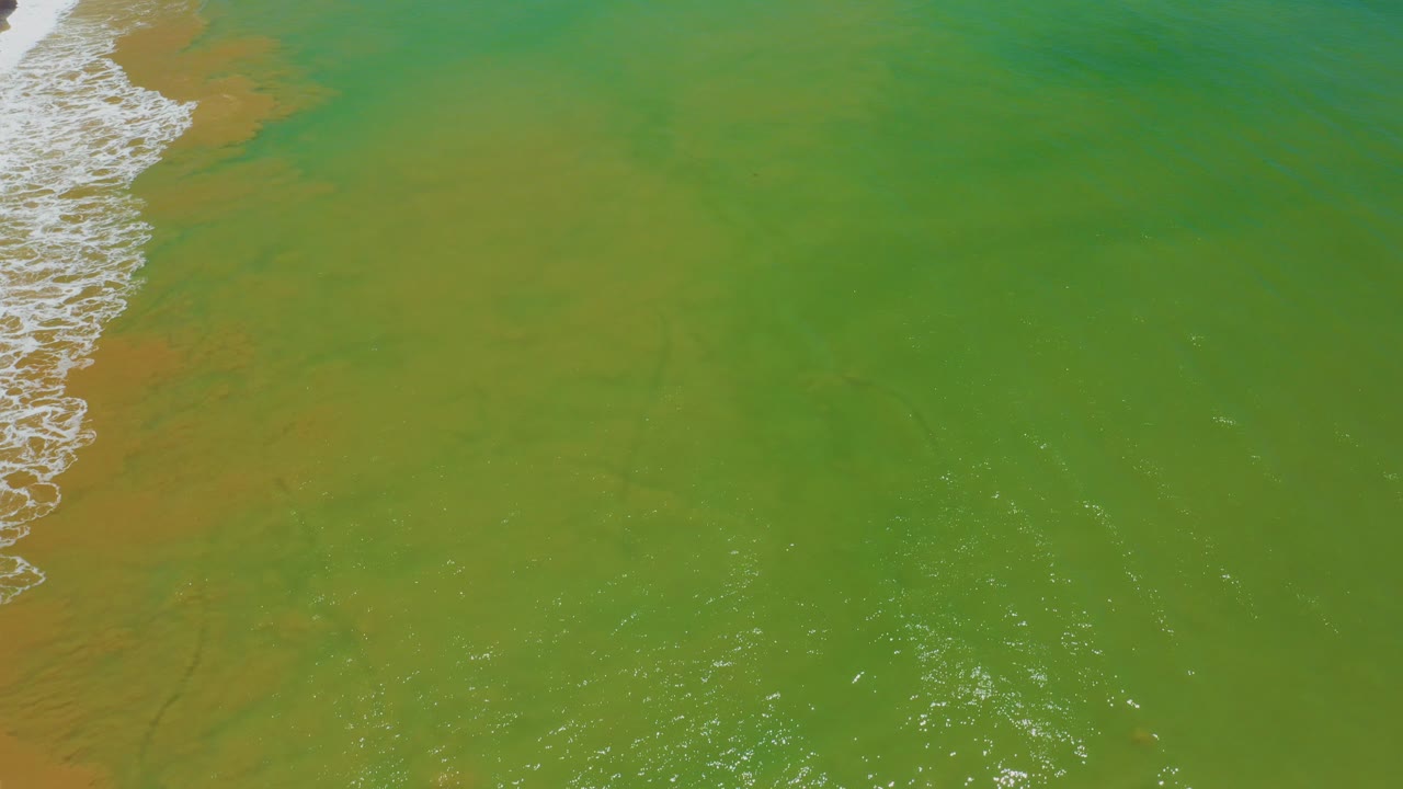 Overhead view in San Jose Del Cabo, Mexico showing green water with yellow-brown discoloration, white surf along the left edge, and no visible people.