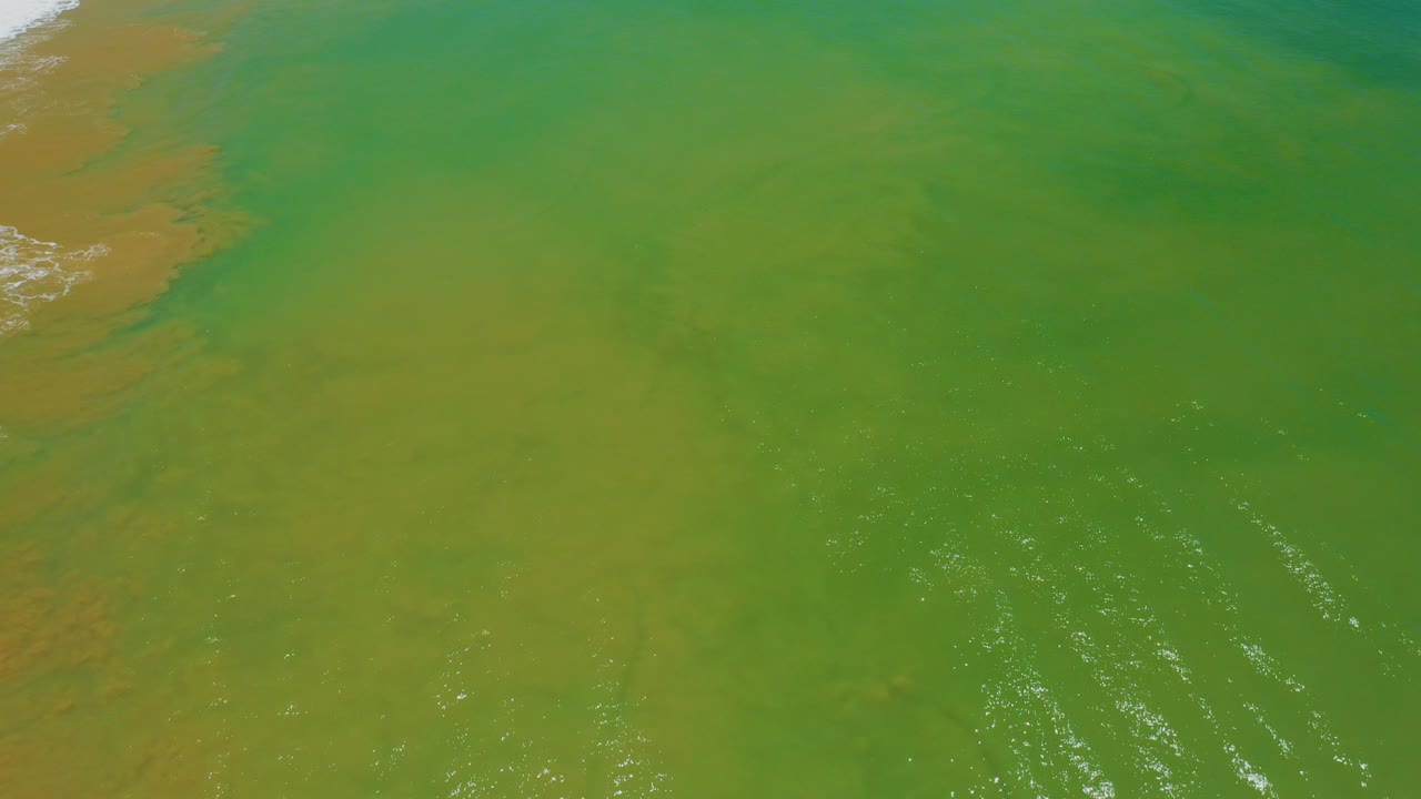 Overhead view of green sea water in San Jose Del Cabo, Mexico, with yellow shallows, white ripple highlights, a narrow foamy shoreline at left, and no visible people.