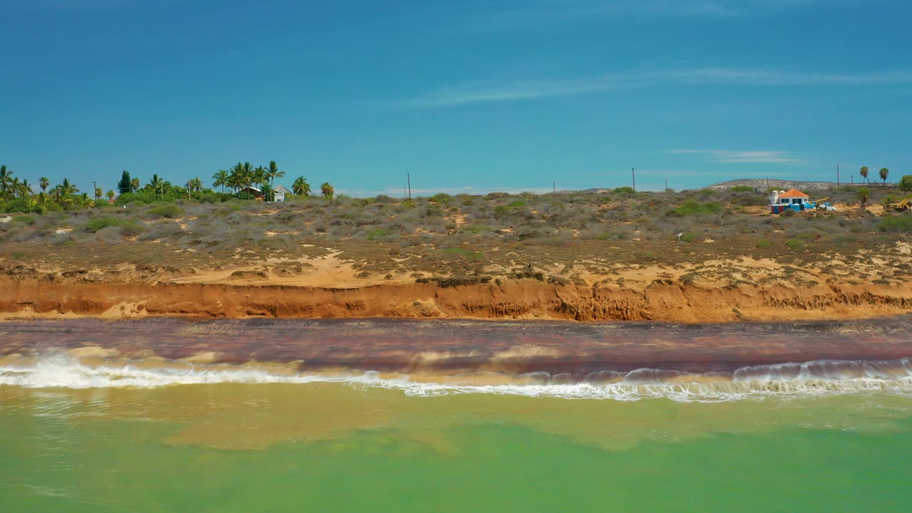 Aerial coastal view with palms, scrub, surf, and orange land.