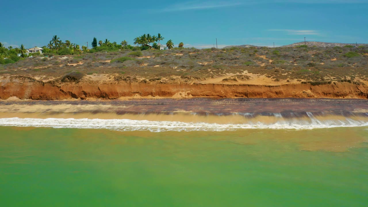 Wide shoreline with low surf, eroded bluff, palms, and bright sky.