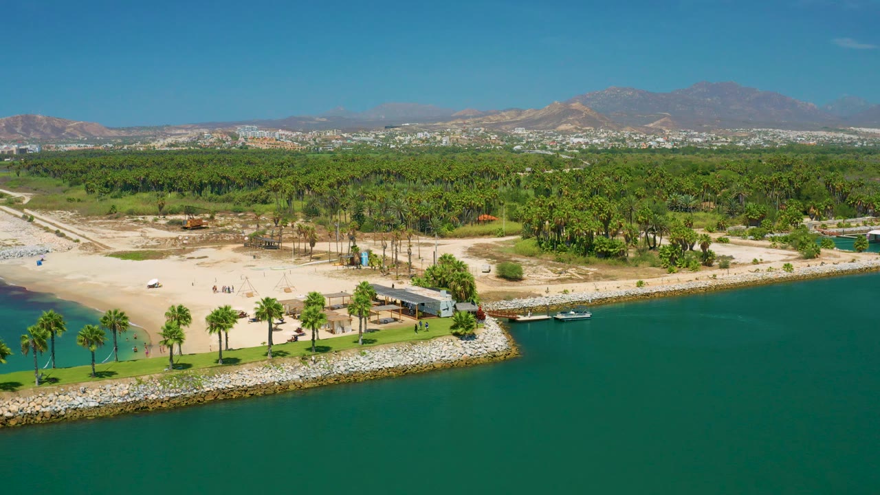 Aerial shoreline scene with a small beach cove, palm trees, dense greenery, and mountains.