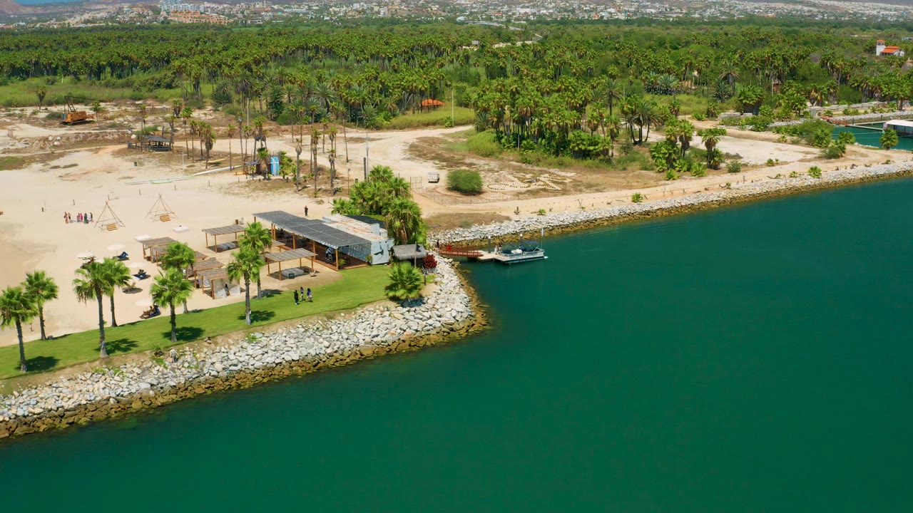 Aerial view of beach access, palms, and rocky edge by water
