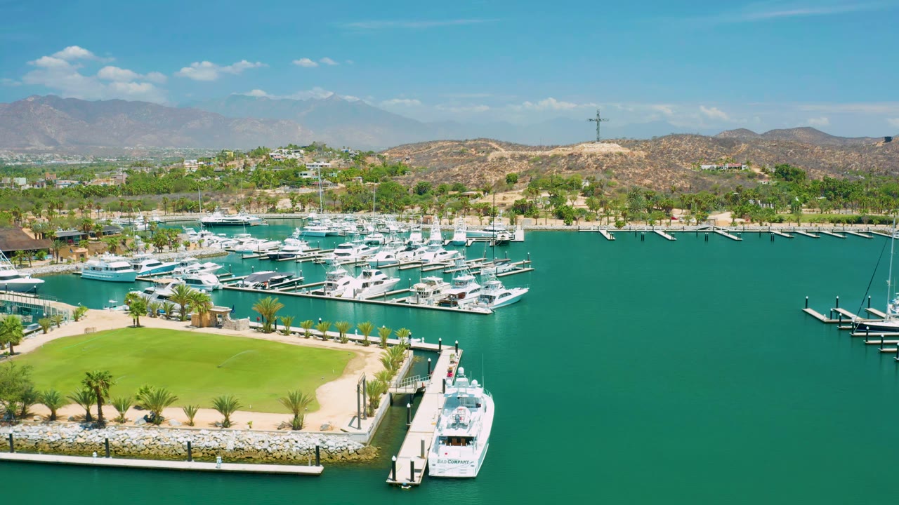 Aerial frame of San Jose del Cabo marina with the boat slips more centered, a curved green lawn and palm-lined edge in the foreground, open blue-green water to the right, and no visible people.
