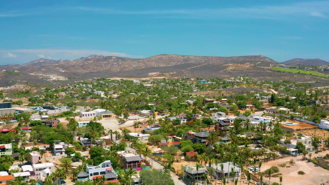 Aerial view over a sunny neighborhood with palms and arid mountains in back.