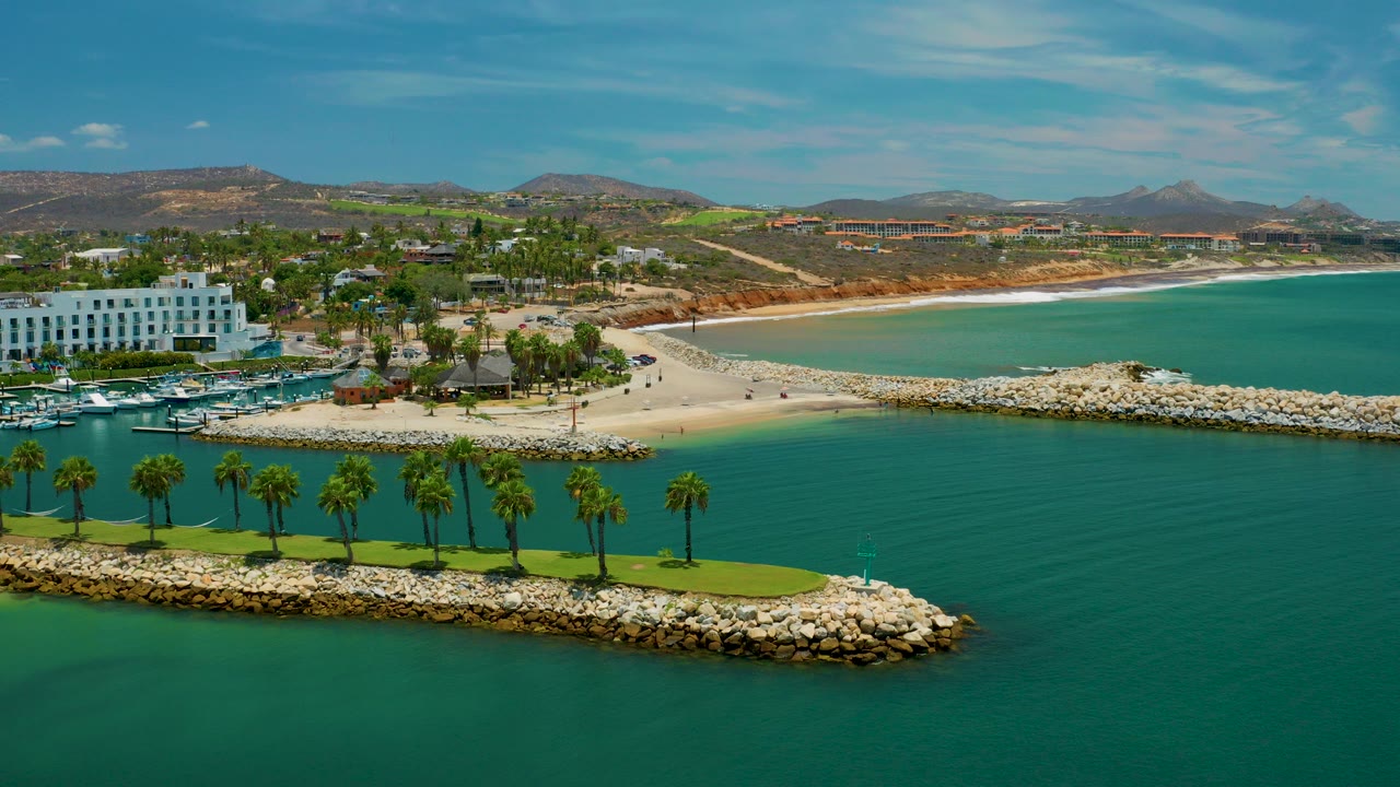 Aerial view over San Jose Del Cabo with a palm-lined rocky breakwater in the foreground, green-blue inlet water, a sandy beach, marina boats, a white hotel building, low hills, and no visible people.
