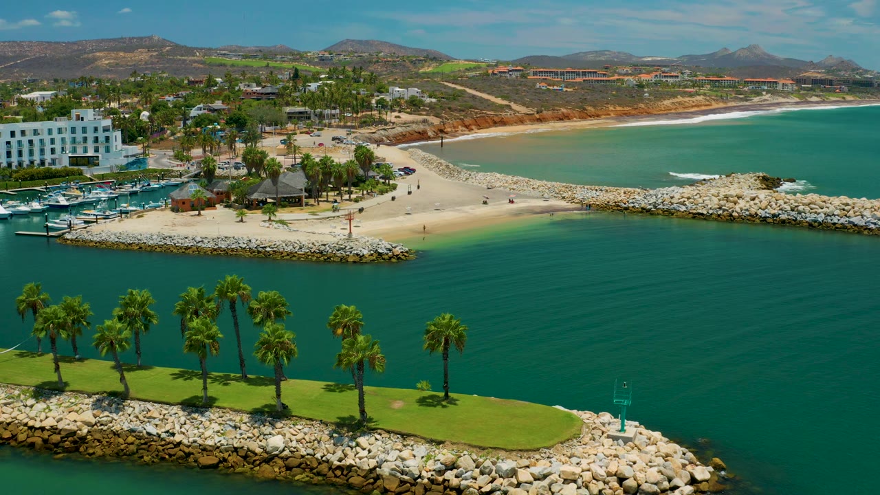 Aerial view in San Jose del Cabo with palms spaced across a lawn beside green-blue water, a rock breakwater, sandy beach, marina area, white buildings, hills, and no visible people.