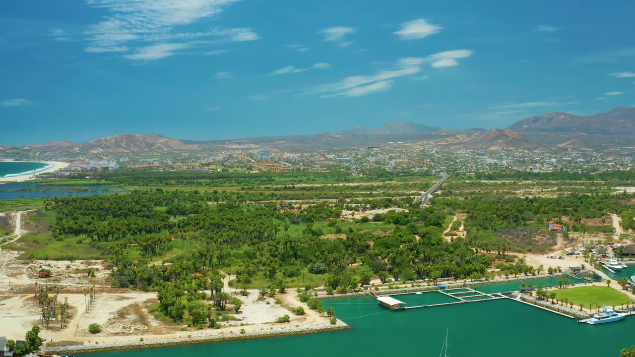 The aerial view over San Jose del Cabo keeps the marina water at the lower edge, with white docks, boats, dense green trees, pale roads, distant buildings, mountains, and no visible people.