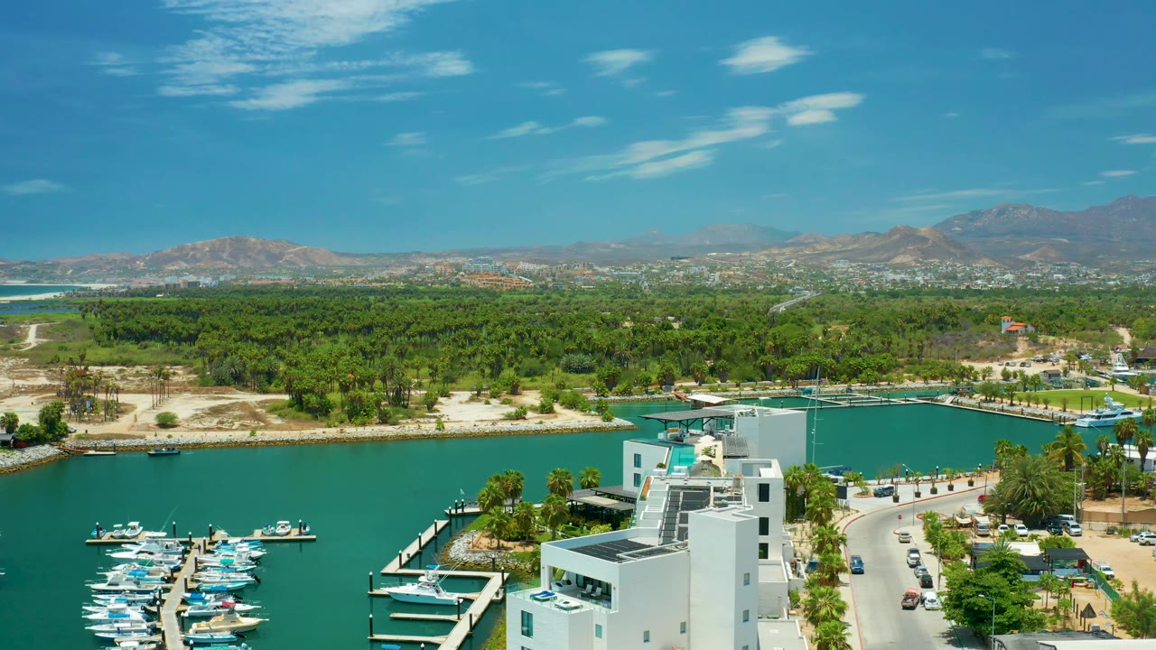 Elevated San Jose Del Cabo frame with bright turquoise water across the lower half, clustered boats near the left, white waterfront structures at lower right, a green palm belt, distant town detail, mountains, and no visible people.