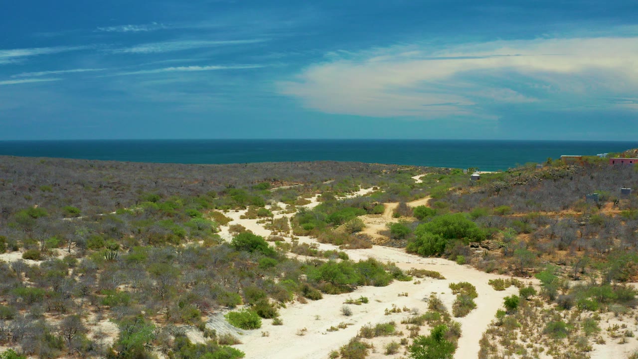 Wide elevated view in San Jose Del Cabo, Mexico, showing a pale dirt road crossing dry coastal scrub toward a blue sea horizon with no visible people.