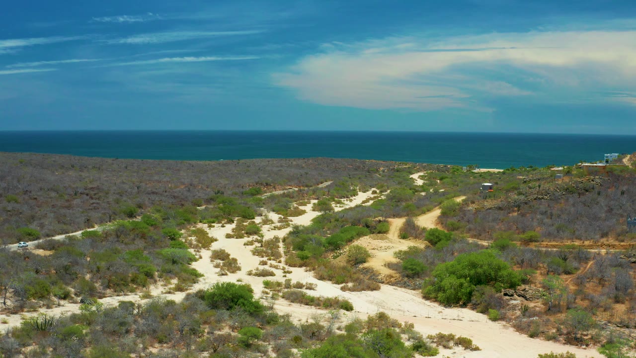 San Jose Del Cabo coastal terrain fills the lower frame with winding sand-colored tracks, scattered bushes, dry brush, and a blue sea horizon, with no visible people.