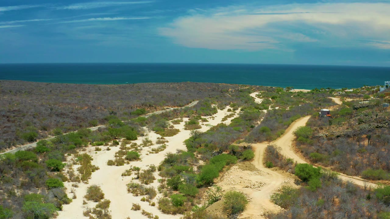 Pale sandy ground, scattered green shrubs, darker dry brush, and a small distant structure sit below the ocean horizon in San Jose Del Cabo, Mexico, with no visible people.