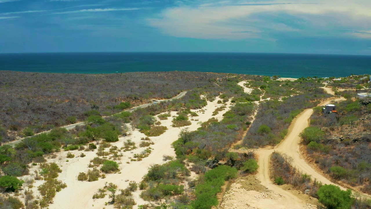 Dirt road curves through scrubland toward a blue ocean horizon.