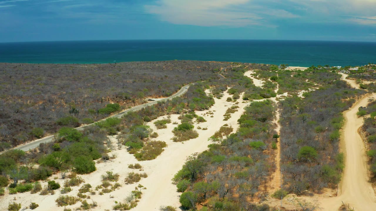 San Jose del Cabo aerial view showing dry gray brushland, pale sand pockets, low green vegetation, the ocean across the upper frame, and no visible people.