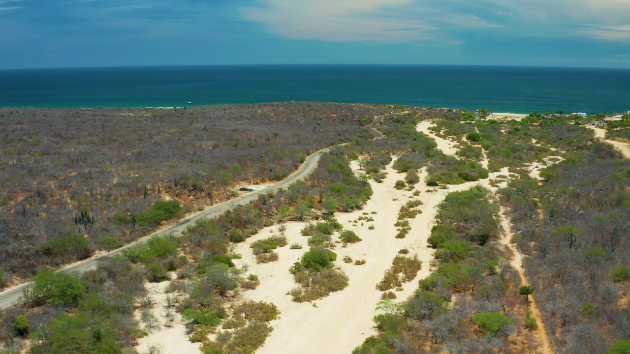 Mid-clip aerial frame in San Jose del Cabo, Mexico, with the sandy trail corridor filling the lower center, scrub brush flanking both sides, a road on the left, blue ocean in back, and no visible people.