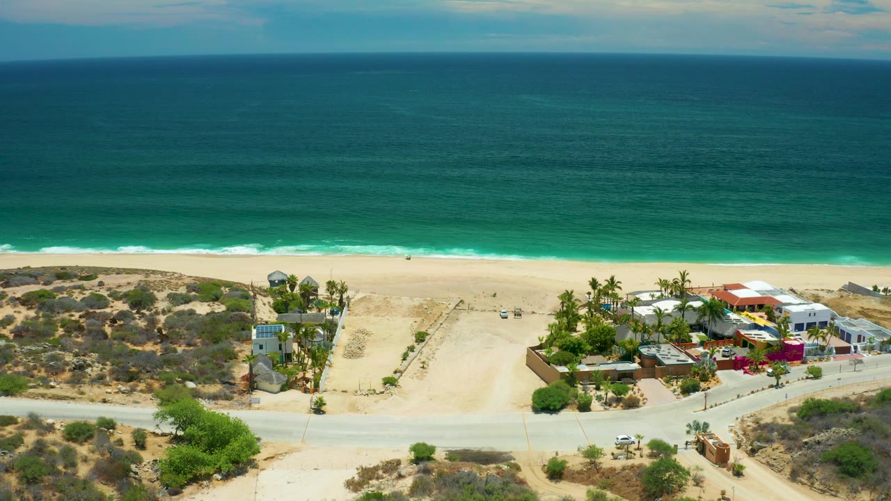 Aerial view of ocean, beach, scrubland, road, palms, and beachfront buildings.