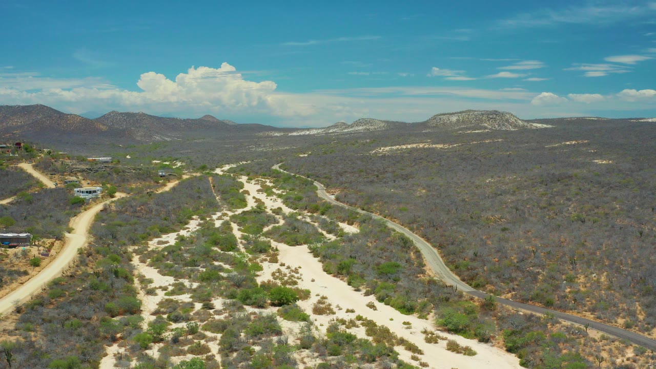 Opening aerial frame over San Jose Del Cabo, Mexico, with a pale sandy wash in the foreground, low scrub, winding roads, distant hills, white clouds, and no visible people.