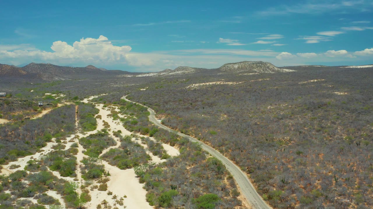 Aerial view across arid scrubland with a winding road and mesa horizon.