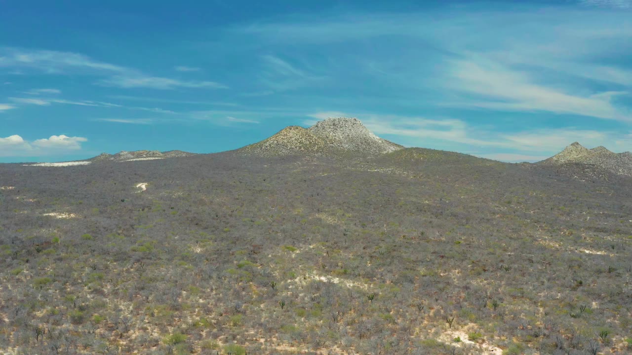 Wide view of scrub-covered terrain and a rocky mountain under blue sky in San Jose Del Cabo, Mexico, with no visible people.