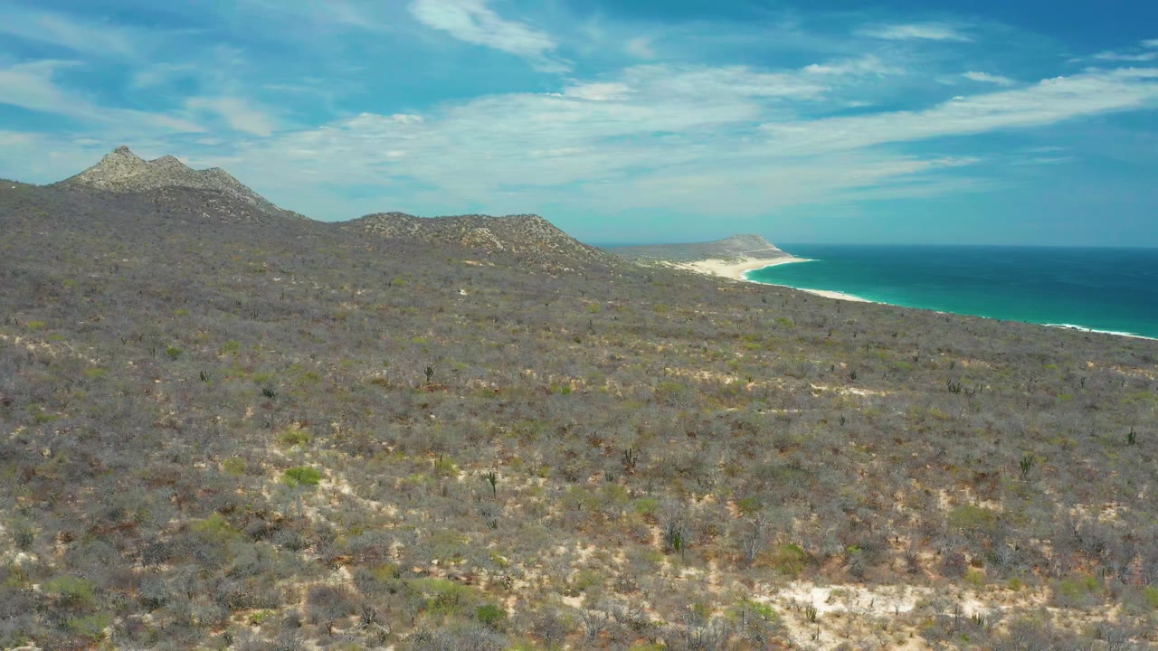Elevated San Jose Del Cabo view showing dry scrubland, mountain ridges, a bright strip of beach, blue water, and no visible people.