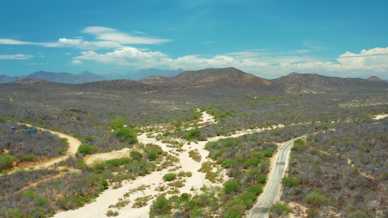 Aerial frame from San Jose Del Cabo showing pale dirt roads, dry washout beds, scrub-covered hills, distant mountains, blue sky, and no visible people.