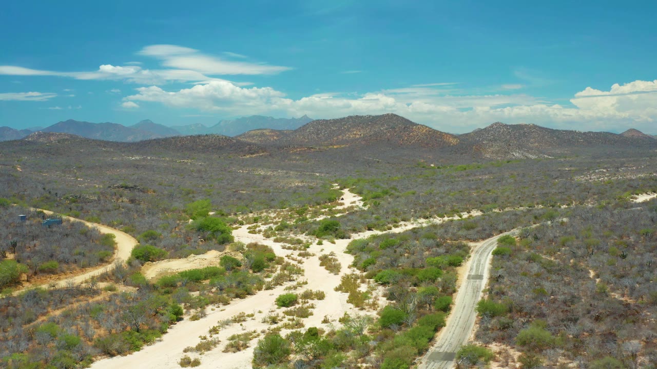 A high view over San Jose Del Cabo scrubland shows a pale washout channel through the center, a curving road at left, distant mountain ridges, and no visible people.