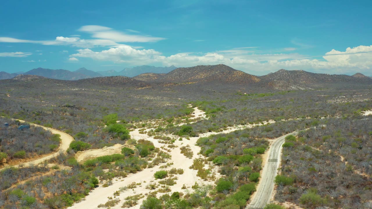 Aerial view in San Jose Del Cabo with a straight road entering from the lower right, branching dry riverbeds across the scrub, layered mountains, and no visible people.