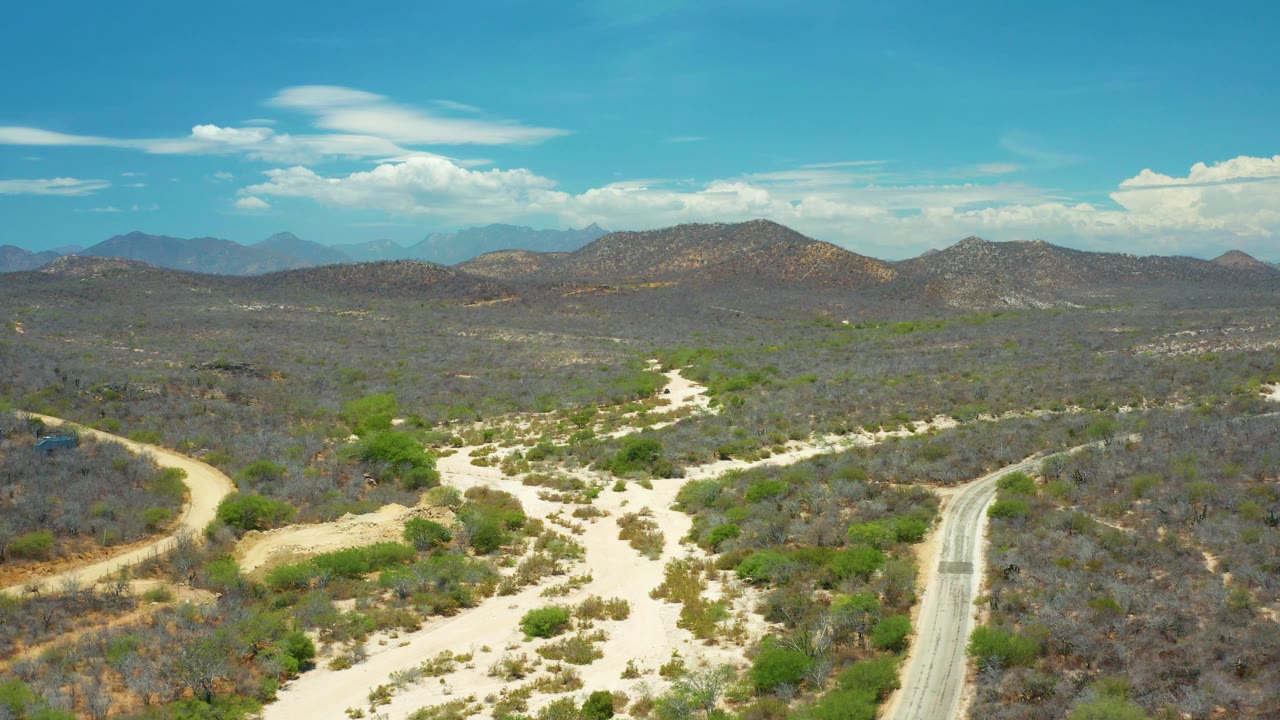 Pale dirt roads winding through dry brush below mountains