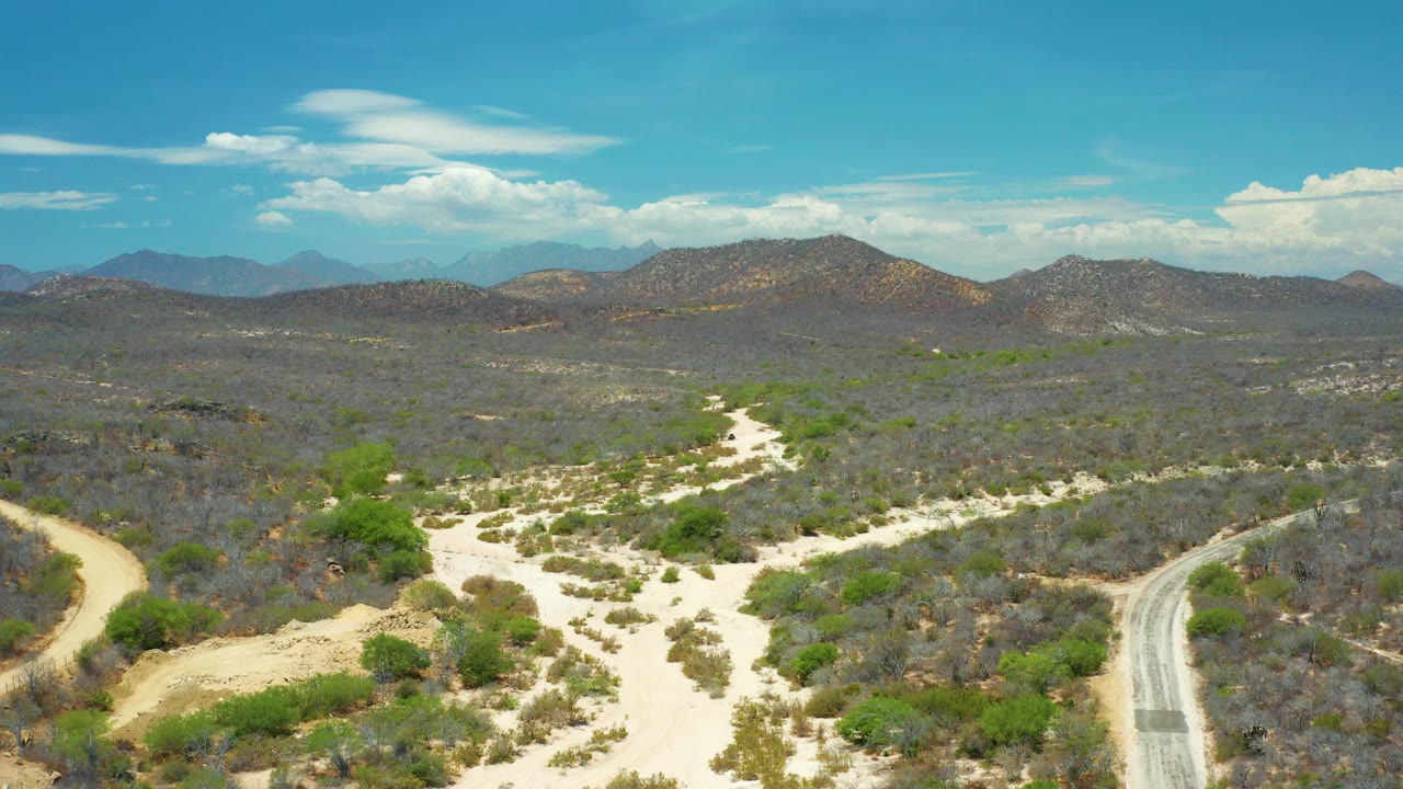 Aerial view over San Jose del Cabo desert terrain with pale sandy washes, scattered green shrubs, distant hills, a road at the lower right, and no visible people.