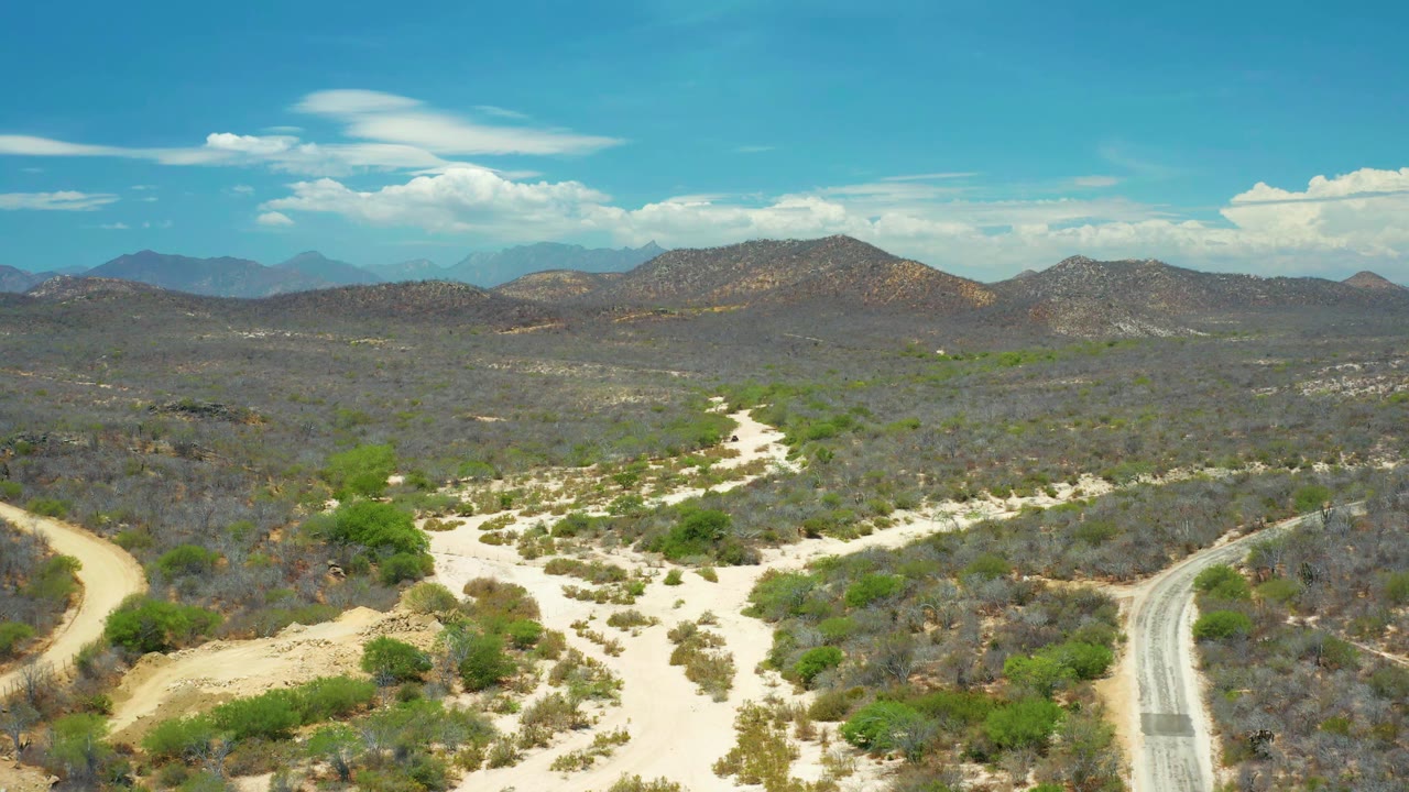 Wide aerial frame of San Jose del Cabo scrubland, showing branching pale sand channels through dry brush, low brown hills on the horizon, and no visible people.