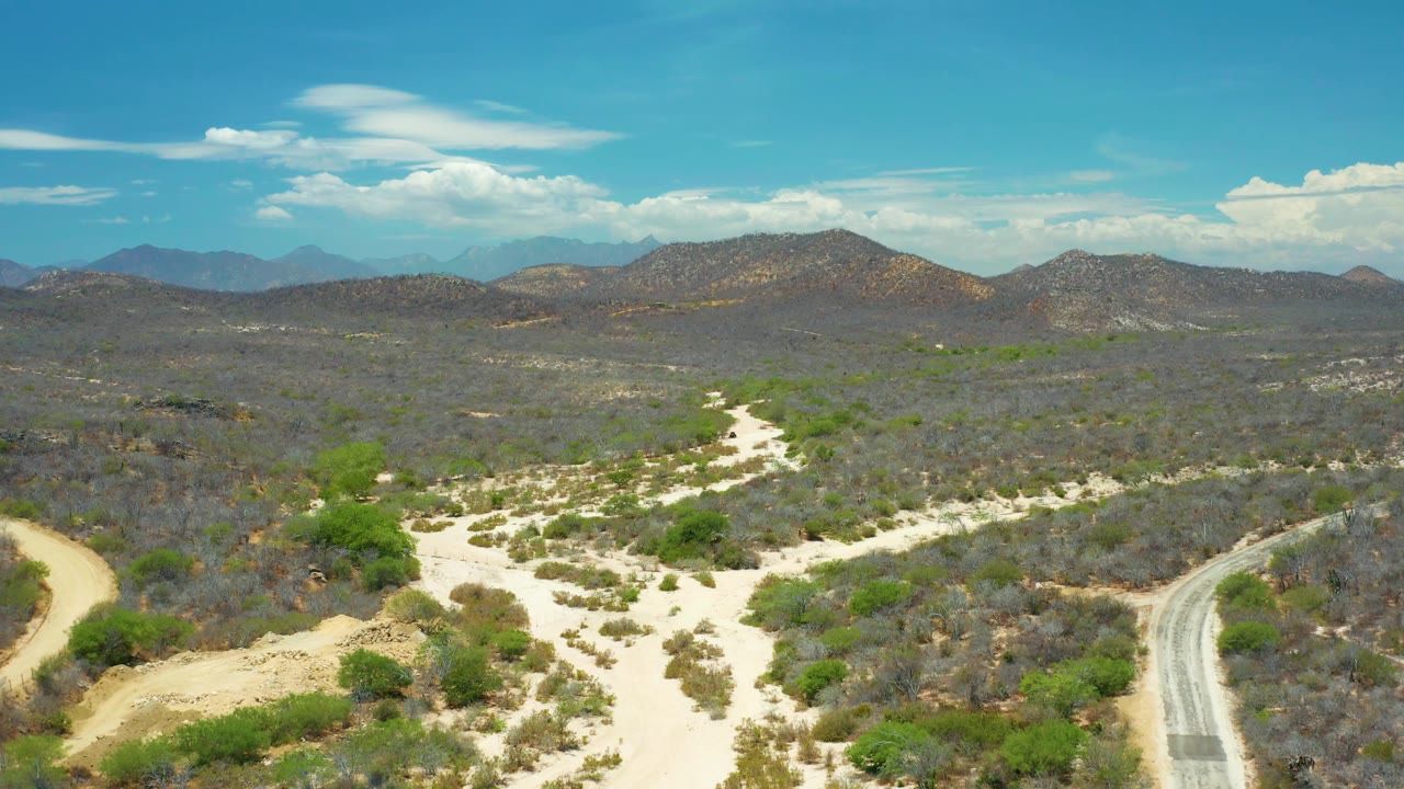 Aerial view near San Jose del Cabo with a narrow paved road along the right edge, scrub-covered desert in the midground, pale sand tracks, and no visible people.