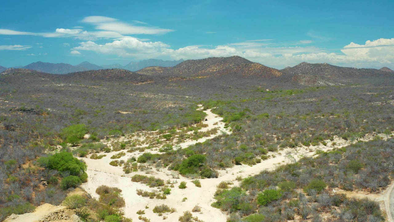 Aerial view in San Jose del Cabo, Mexico, showing pale sandy washes through scrub vegetation with low mountains on the horizon and no visible people.