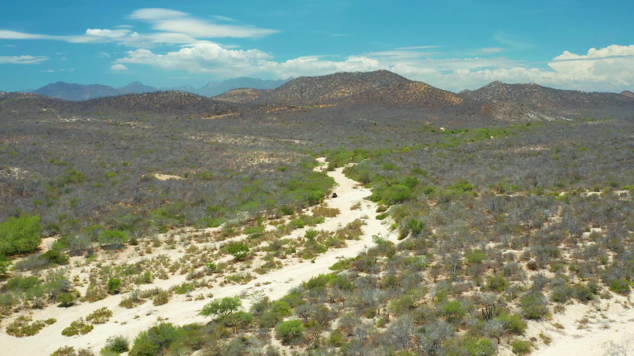Aerial frame over San Jose Del Cabo showing a pale sandy channel beside dense patches of low bushes, with brown hills under a bright clouded sky and no visible people.