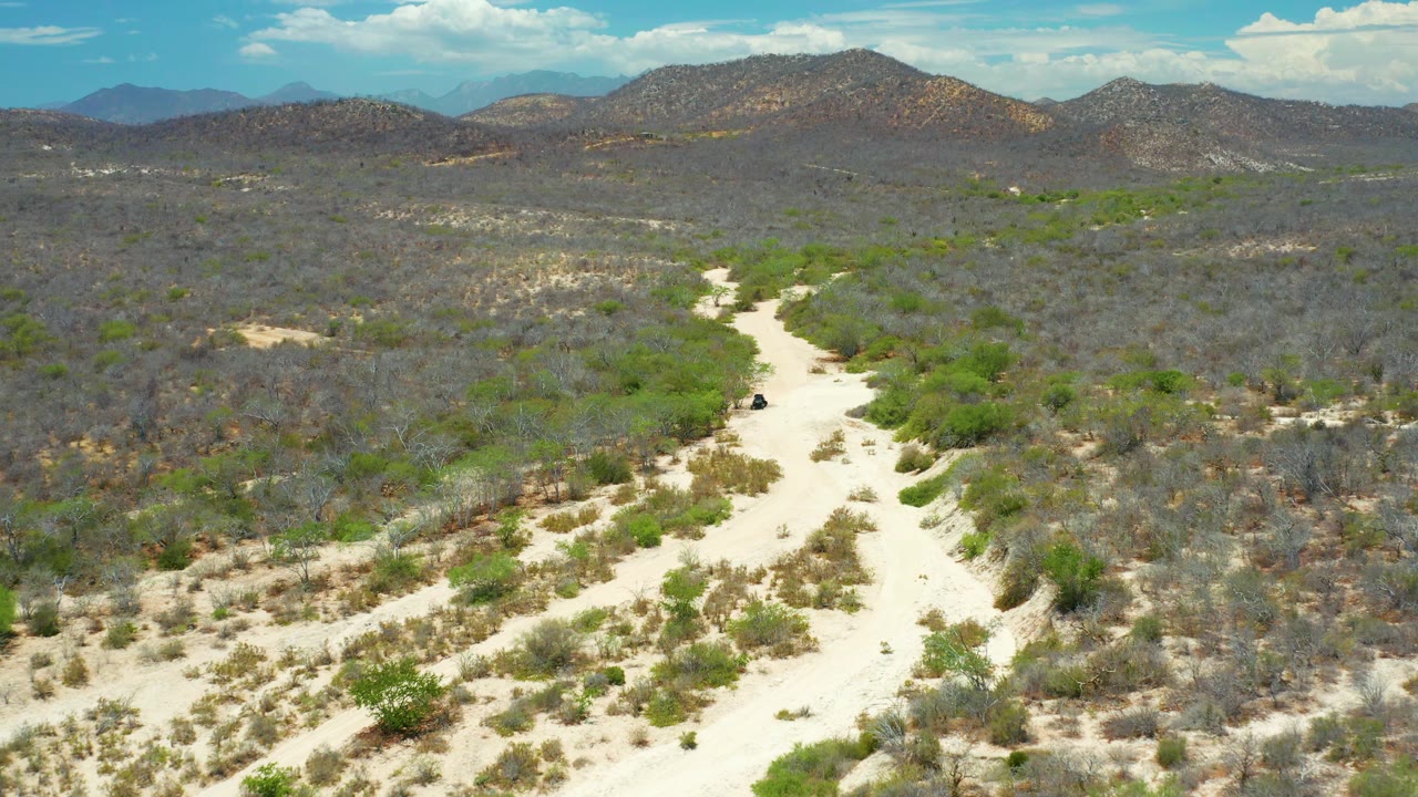This San Jose Del Cabo aerial view frames a pale sandy wash through gray-green scrub, with rounded brown hills filling the upper background and no visible people.
