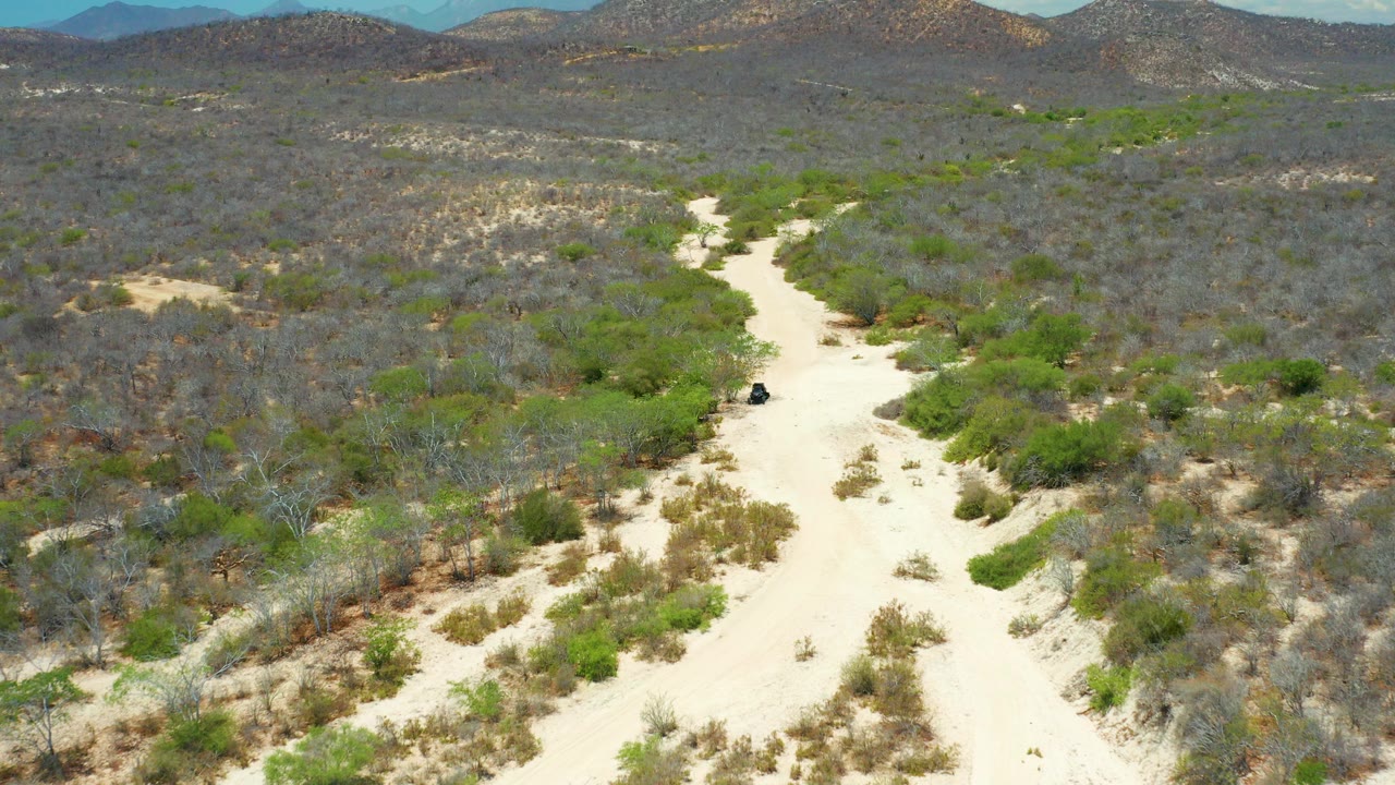 High aerial frame over a pale dirt road crossing dry scrubland in San Jose del Cabo, Mexico, with low hills in the distance and no visible people.