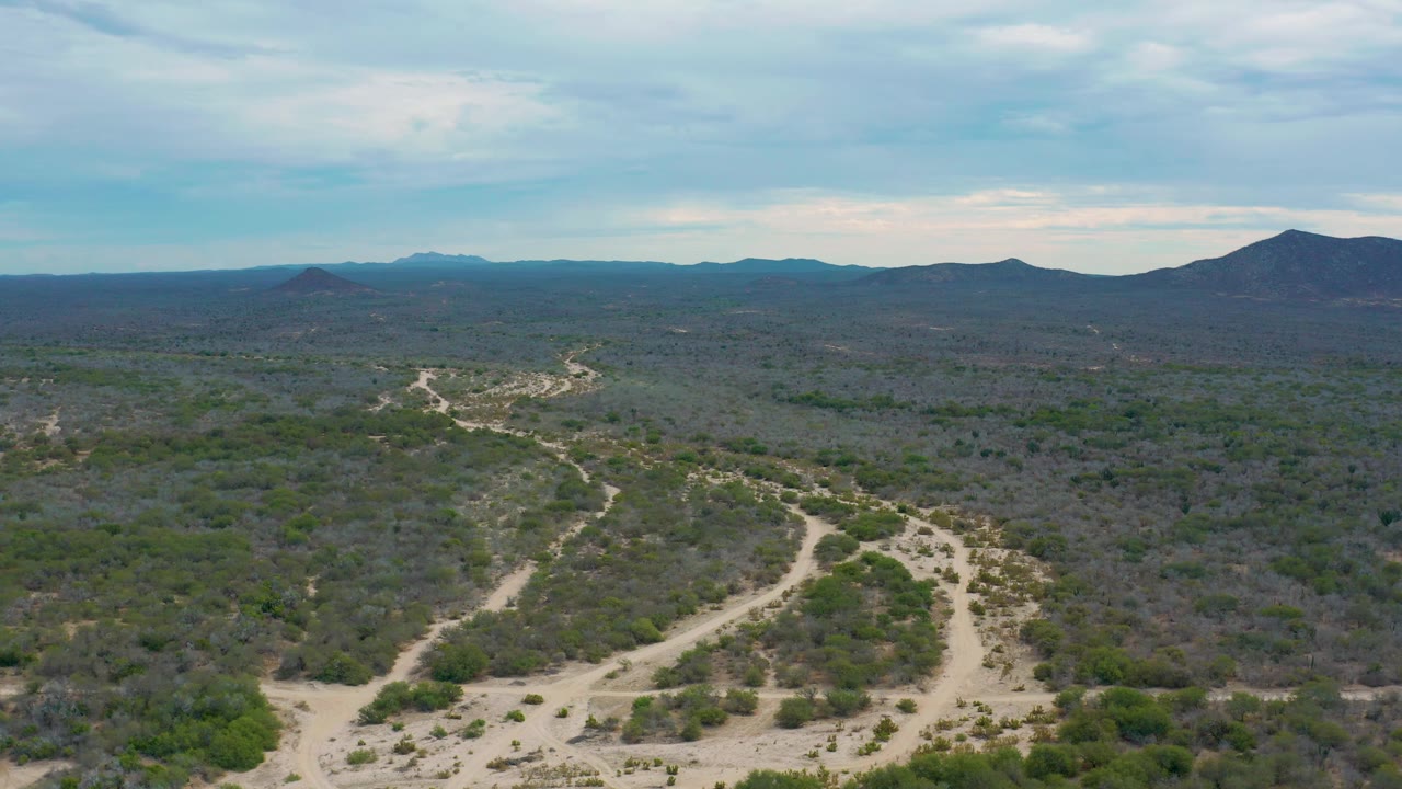 High aerial view in Laguna Beach, Baja California Sur, with pale tracks running through dry brush, mountain ridges across the background, and no visible people.