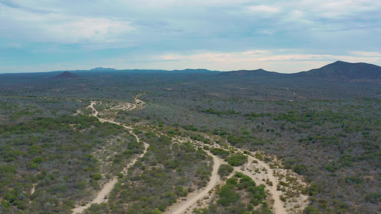 Wide aerial view over Laguna Beach, Baja California Sur desert scrub, with a pale winding wash in the foreground, low hills on the horizon, blue clouded sky, and no visible people.