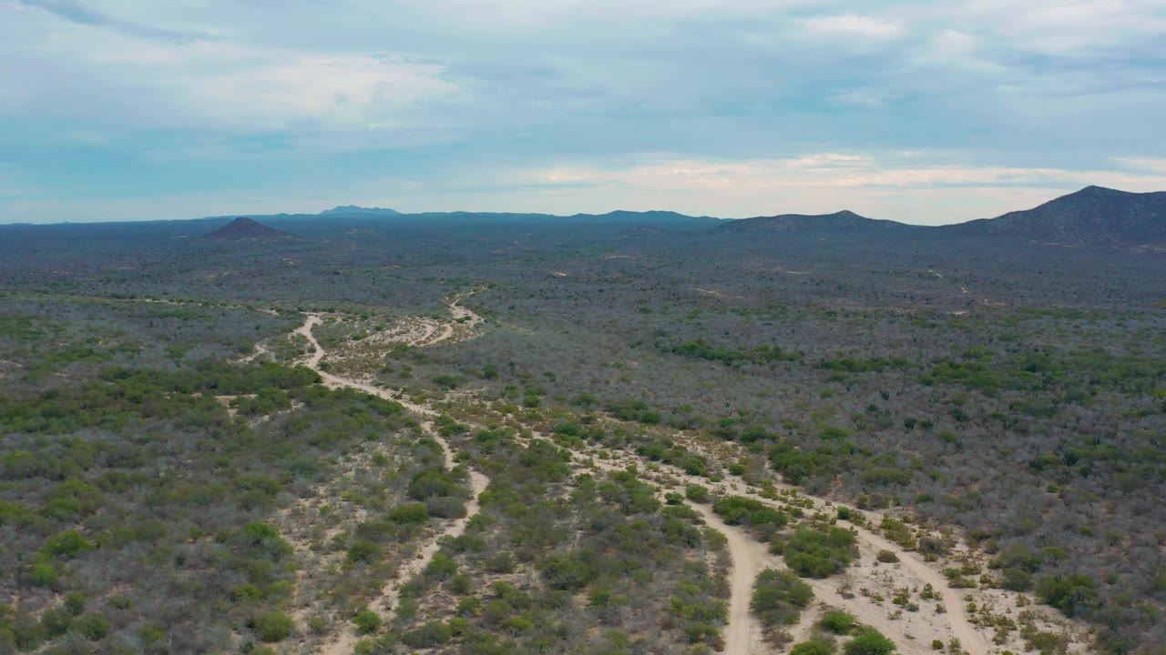 Laguna Beach, Baja California Sur aerial terrain view with pale trails across muted shrubland, darker mountain silhouettes on the horizon, and no visible people.