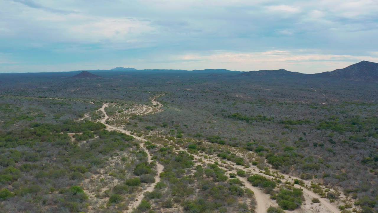 Wide aerial view near Laguna Beach, Baja California Sur, showing forked sandy tracks in desert scrub, isolated hills at left and right, and no visible people.