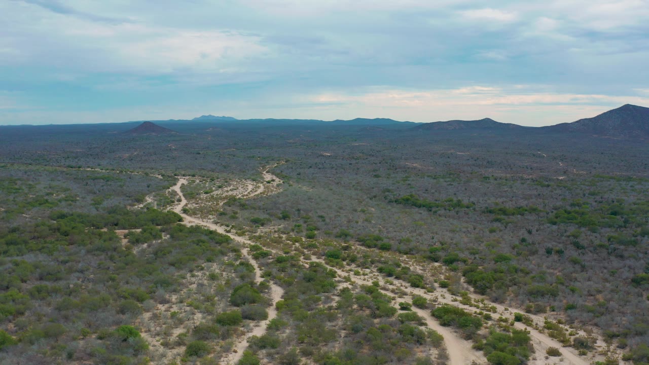 Aerial landscape with scrub-covered flats, branching dirt paths, and a broad mountain horizon.