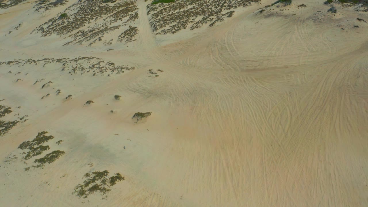 Aerial view in Laguna Beach, Baja California Sur with a broad sandy face, brush patches near the top of frame, faint vehicle-like tracks, and no visible people.