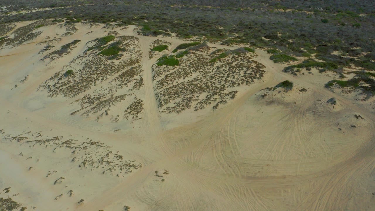 Opening aerial frame over pale dunes and sparse scrub in Laguna Beach, Baja California Sur, with darker brushland across the upper background and no visible people.
