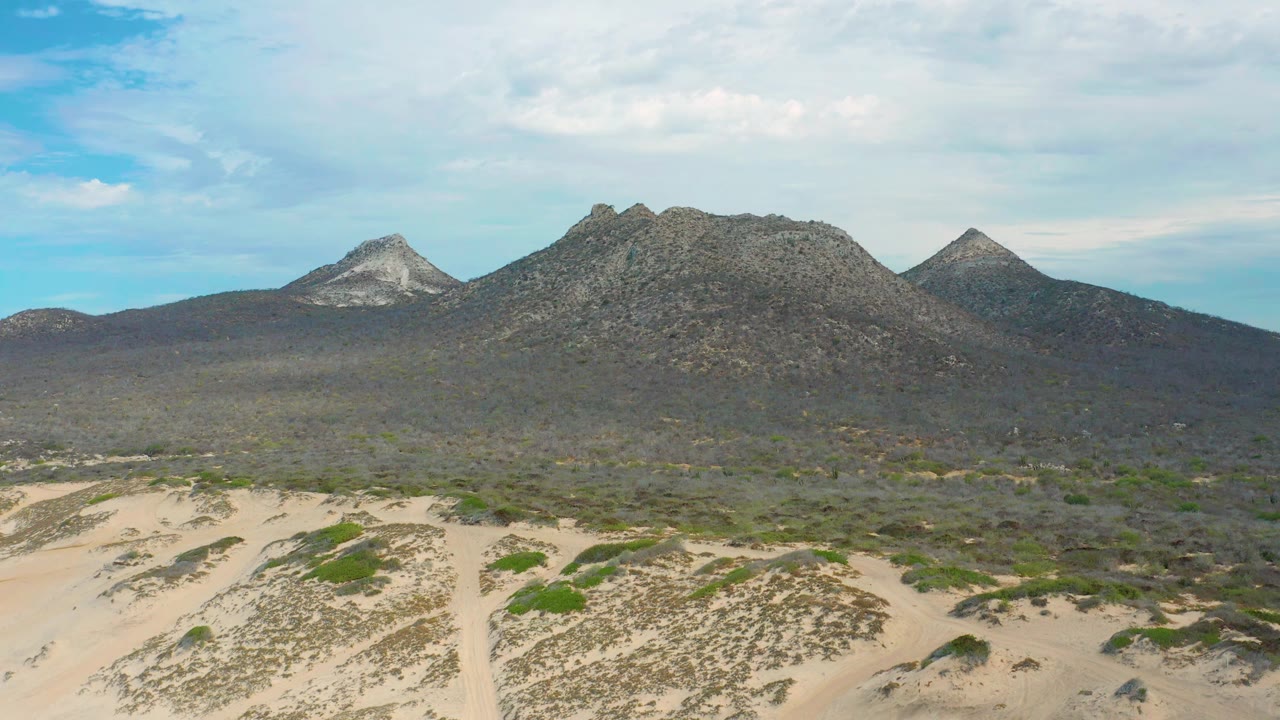 Laguna Beach desert terrain with patterned sand at the bottom of frame, green scrub through the midground, and three rocky mountain forms on the horizon, no visible people.