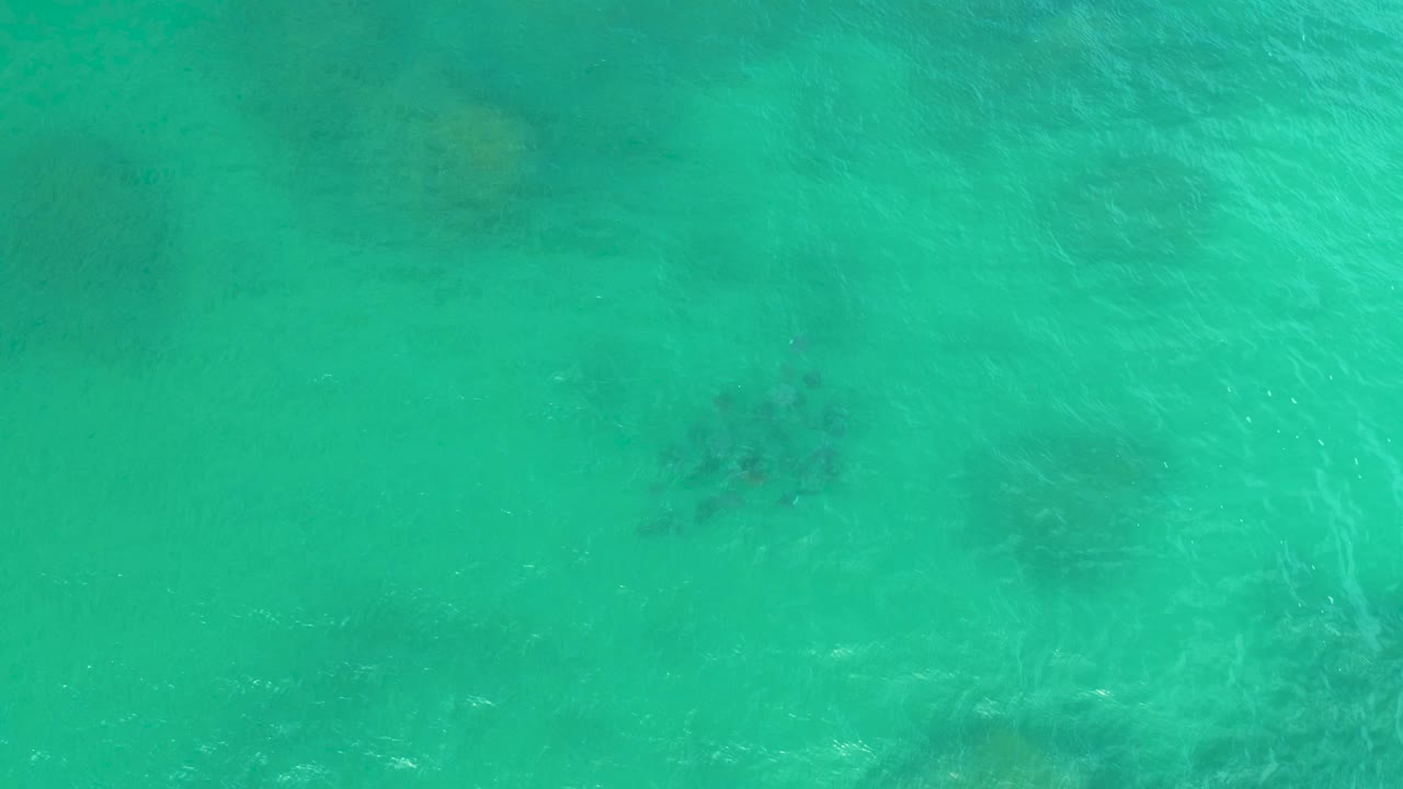 Top-down aerial view of turquoise water over submerged rocky patches at Laguna Beach, Baja California Sur, with rippled surface texture and no visible people.