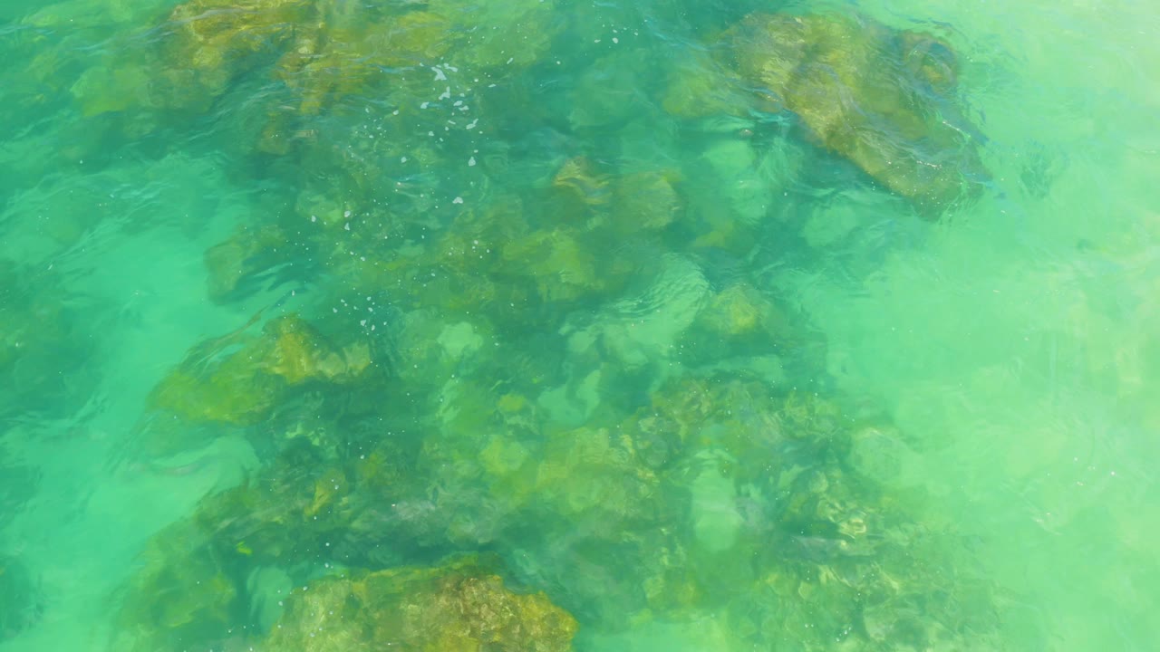 Bright green-turquoise ocean water covers a dense patch of submerged brown rocks in Laguna Beach, Baja California Sur, with no visible people.
