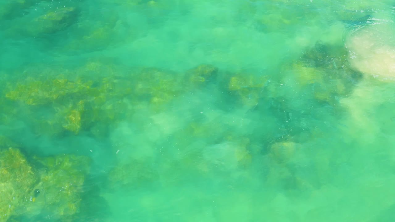 Green ocean surface with darker rocks visible underwater