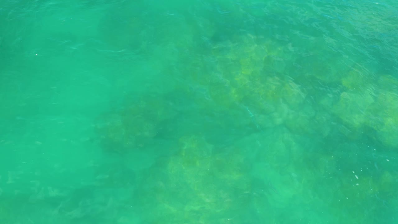Green water and surface texture veil submerged reef forms in Laguna Beach, Baja California Sur, with no visible people.