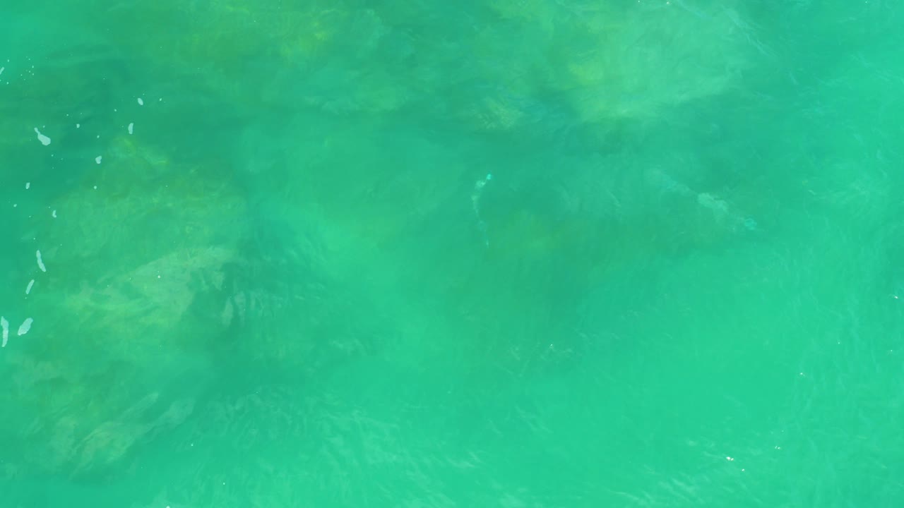 Overhead view of turquoise water at Laguna Beach, Baja California Sur, with submerged rocks and sandy bottom visible through the surface, no visible people.
