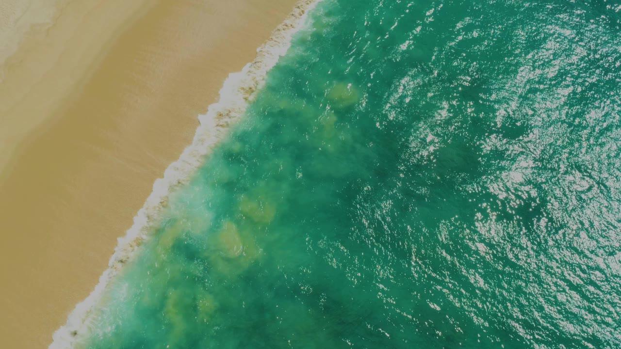 Overhead coastal frame with a broad white foam band crossing between sandy beach and green ocean water at Laguna Beach, Baja California Sur, with no visible people.